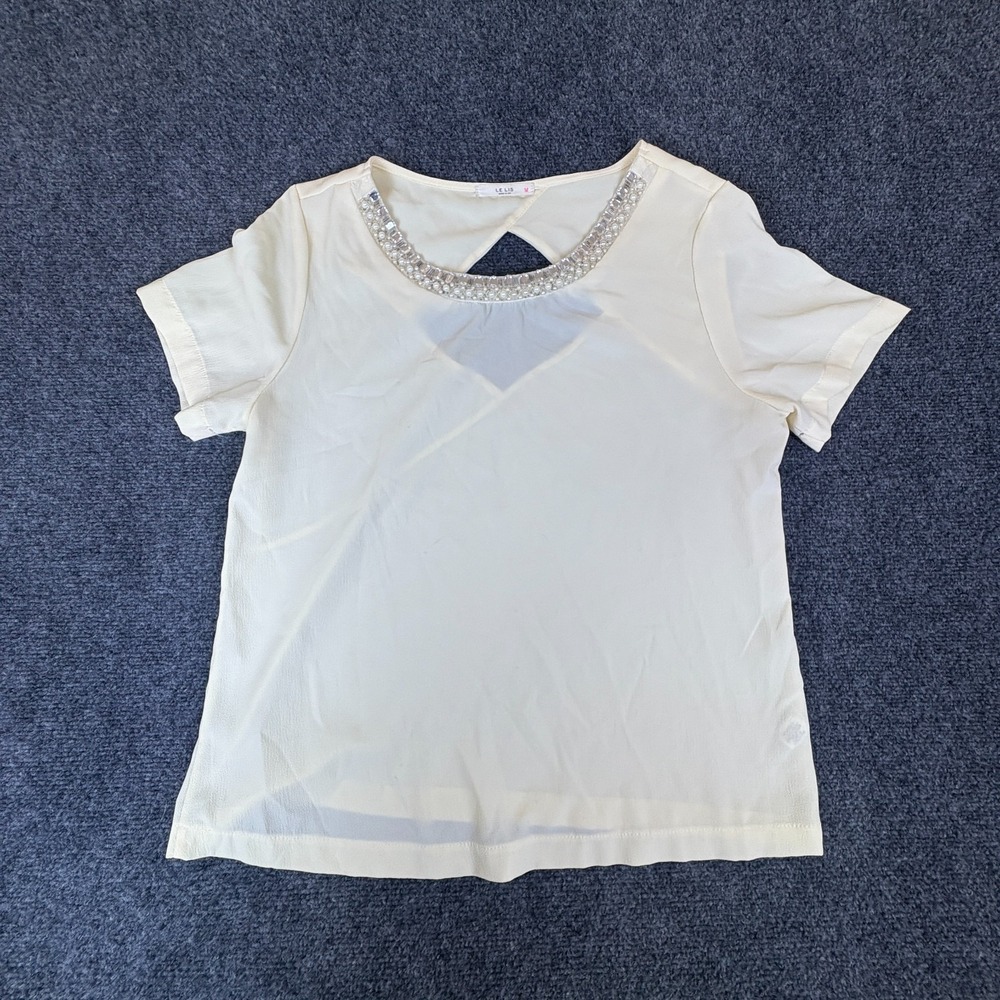 Le Lis Blouse Top Womens M Beige Jewel Neckline Keyhole Back Short Sleeve READ